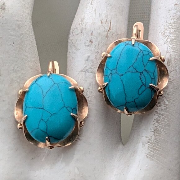 LARGE Russian Russia 14K Rose Pink Gold Turquoise Cabochon Pierced Earrings - Picture 11 of 15